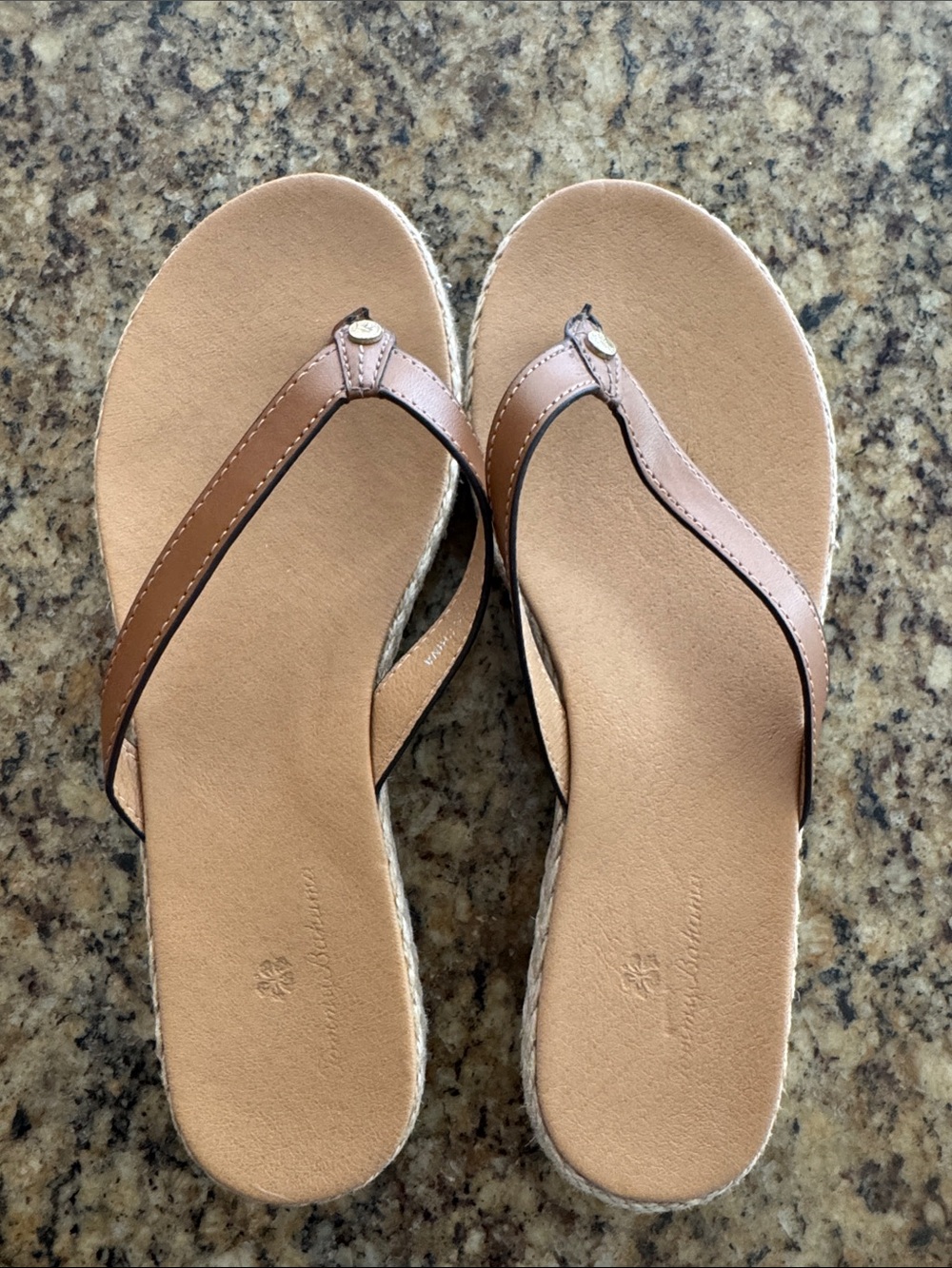 Tommy Bahama Tan Leather Flip Flop w/ Casual Espadrille Styling, Cushioned Sole